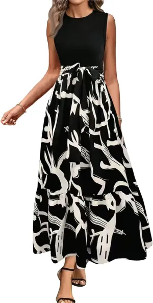 Maxi Dresses for Women 2025 Floral Patchwork Sleeveless Wrap Dress Summer Elegant Flowy Tie Waist Wedding Guest Dress