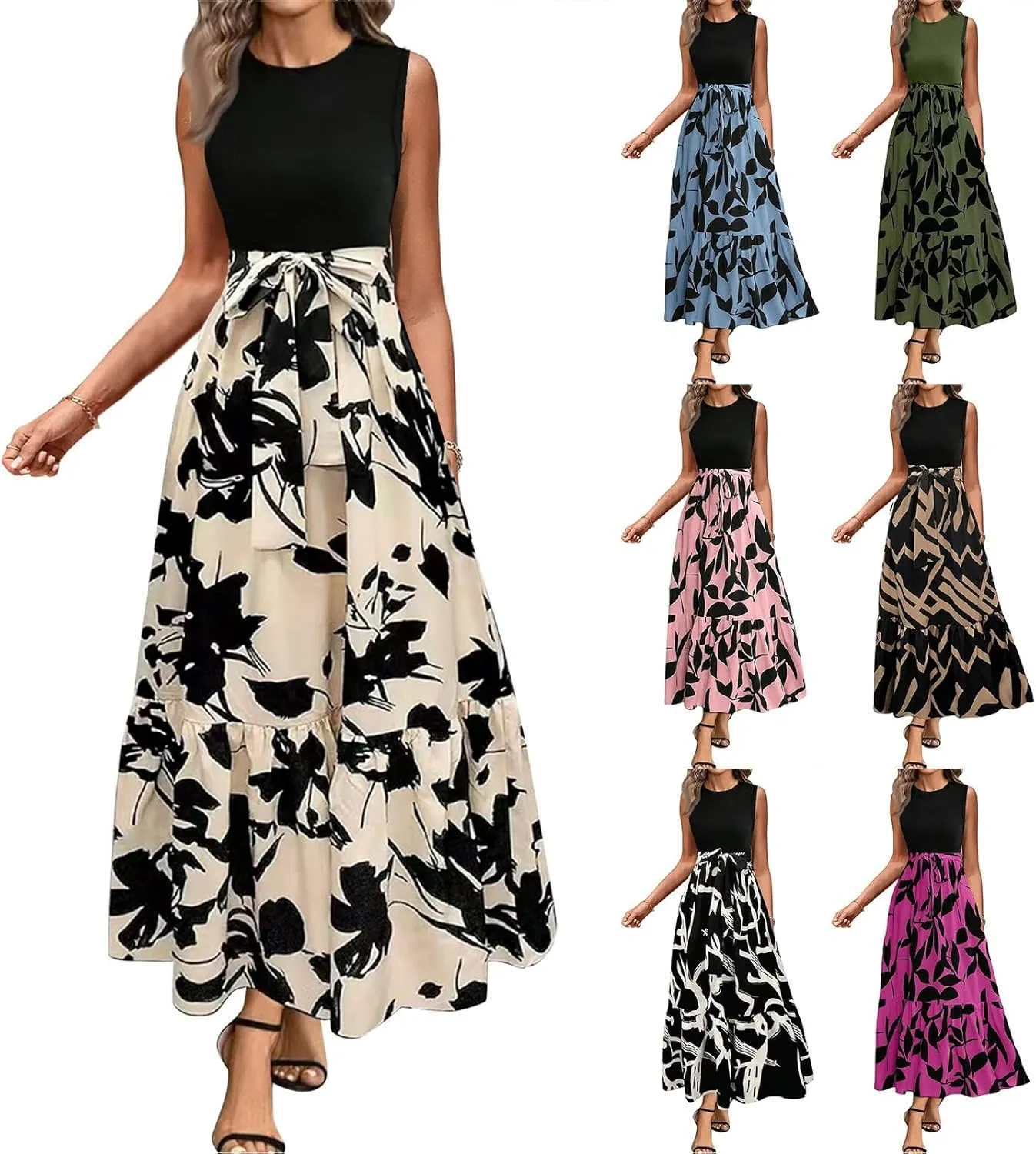 Maxi Dresses for Women 2025 Floral Patchwork Sleeveless Wrap Dress Summer Elegant Flowy Tie Waist Wedding Guest Dress