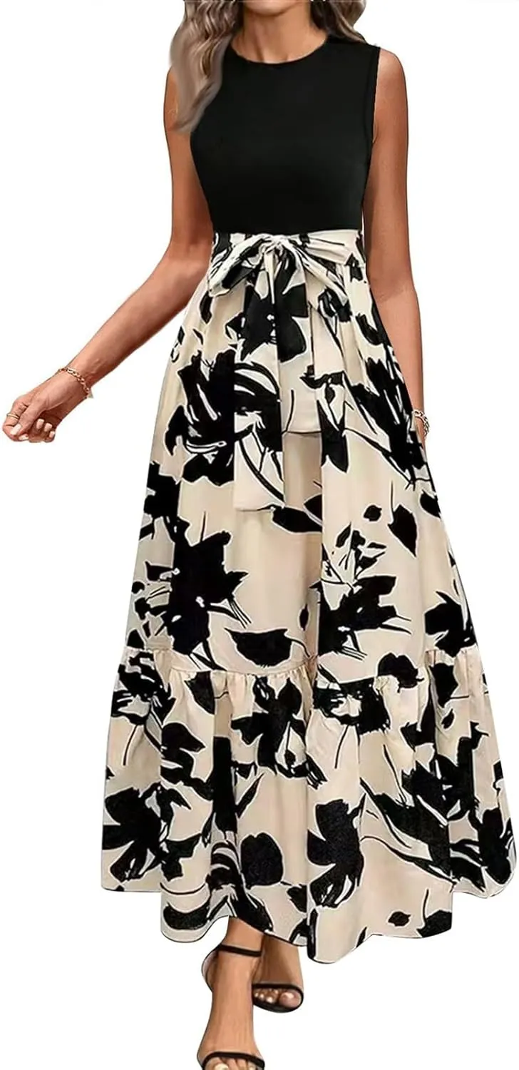 Maxi Dresses for Women 2025 Floral Patchwork Sleeveless Wrap Dress Summer Elegant Flowy Tie Waist Wedding Guest Dress
