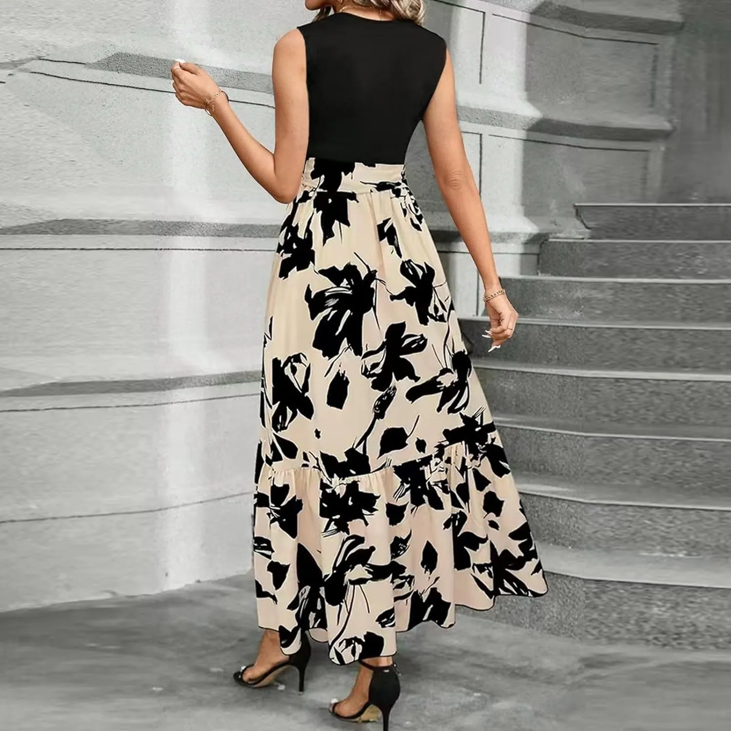 Maxi Dresses for Women 2025 Floral Patchwork Sleeveless Wrap Dress Summer Elegant Flowy Tie Waist Wedding Guest Dress