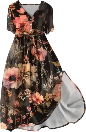 Maxi Dresses for Women 2025 Flowy Spring Summer Button Front Tie Swing Maxi Dress