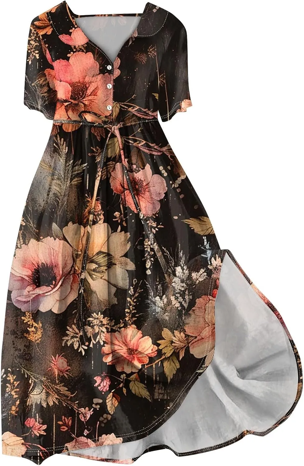 Maxi Dresses for Women 2025 Flowy Spring Summer Button Front Tie Swing Maxi Dress