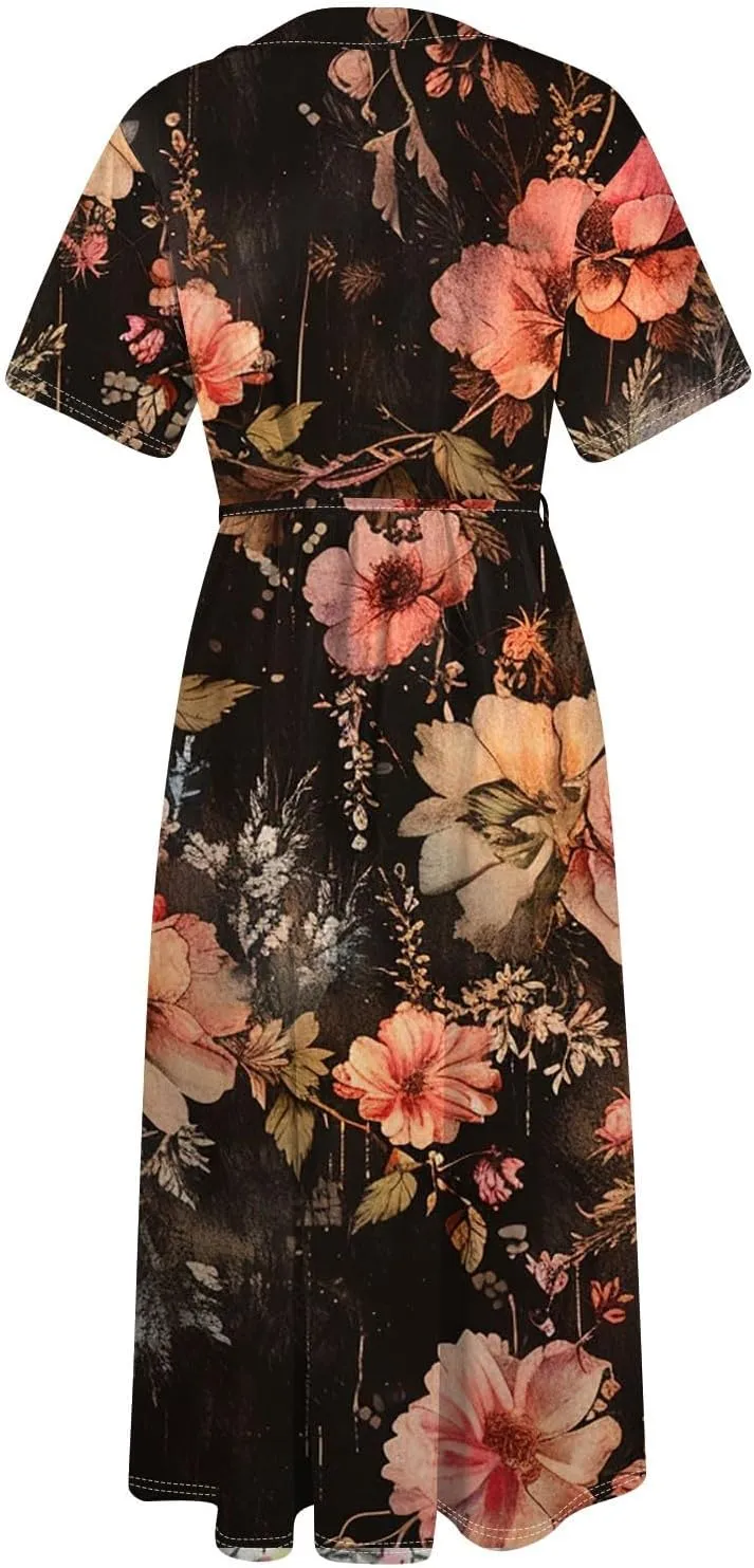 Maxi Dresses for Women 2025 Flowy Spring Summer Button Front Tie Swing Maxi Dress