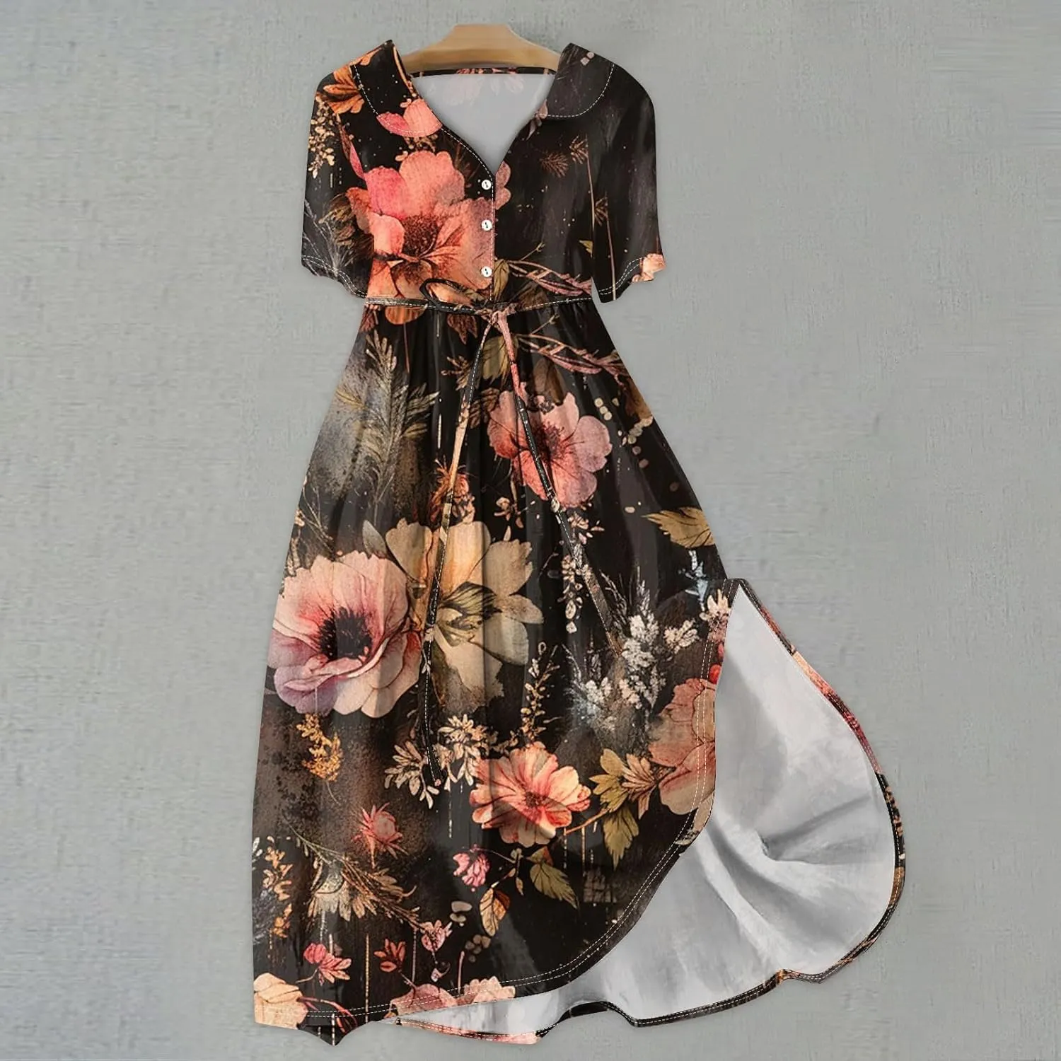 Maxi Dresses for Women 2025 Flowy Spring Summer Button Front Tie Swing Maxi Dress