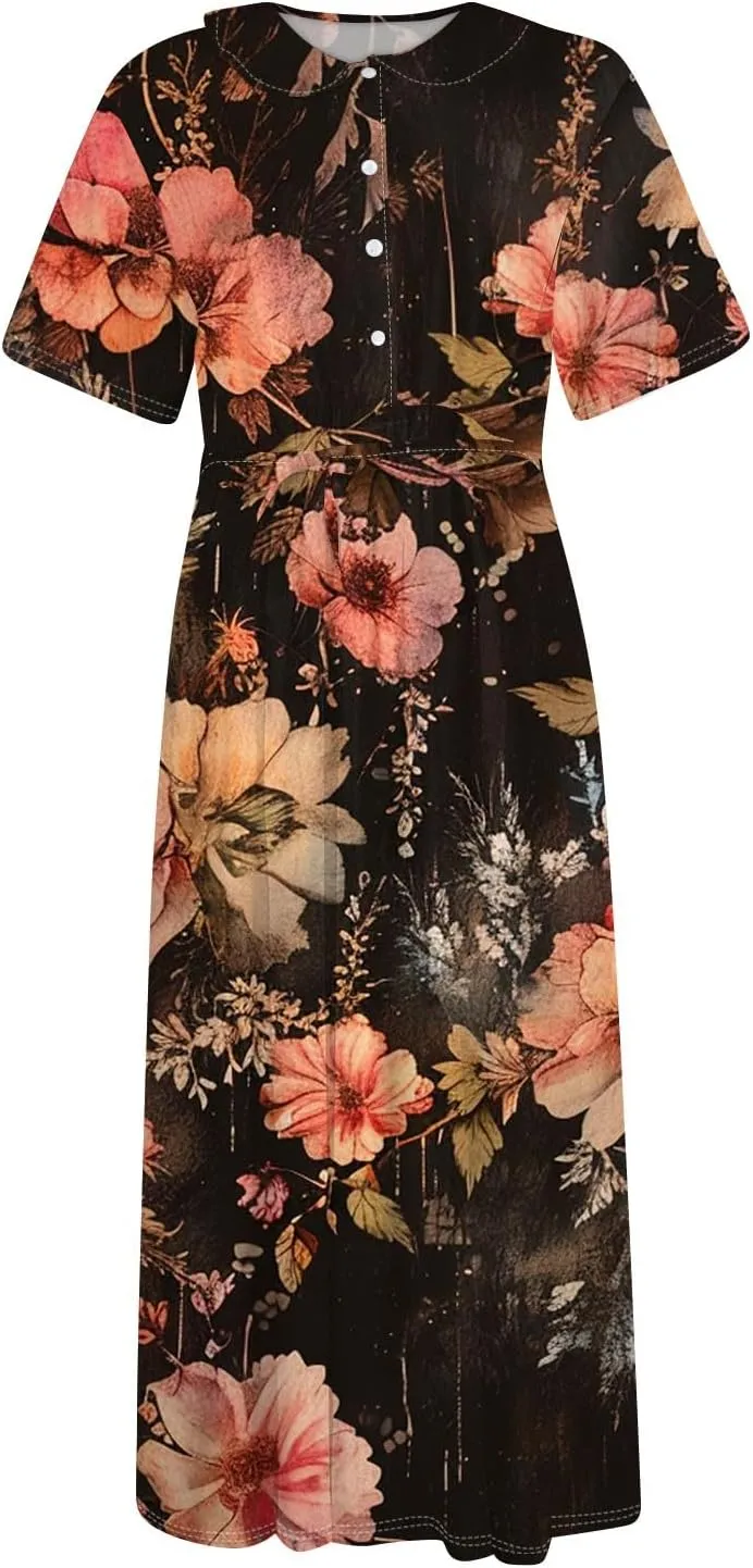 Maxi Dresses for Women 2025 Flowy Spring Summer Button Front Tie Swing Maxi Dress