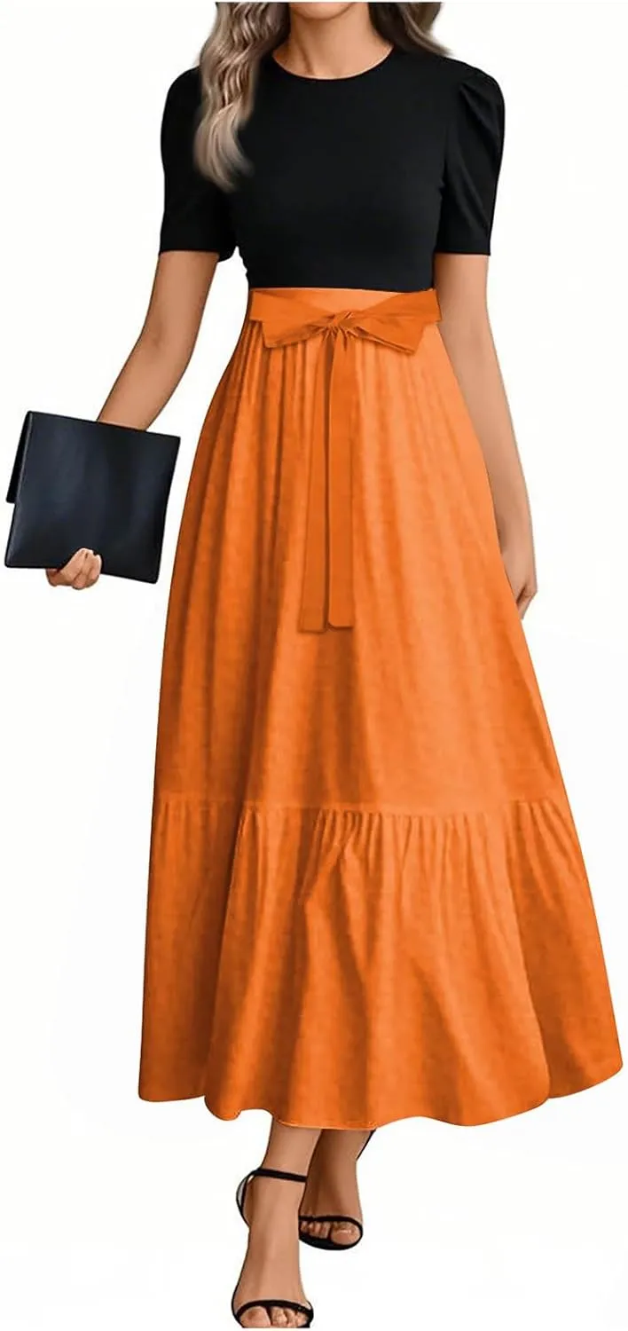 Maxi Dresses for Women,2025 Spring Summer Elegant Crewneck Short Sleeve Beach Dress Trendy Floral Flowy Boho Dress