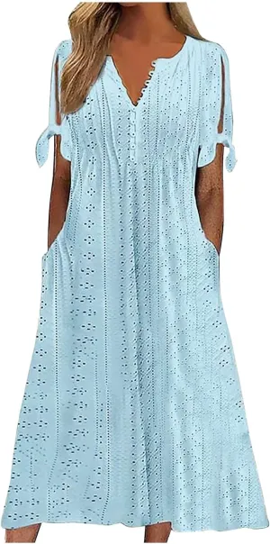 Maxi Dresses for Womens Wedding Guest Dress Trendy Plus Size Hollow Out Eyelet Lace Summer V Neck Cold Shoulder Dress