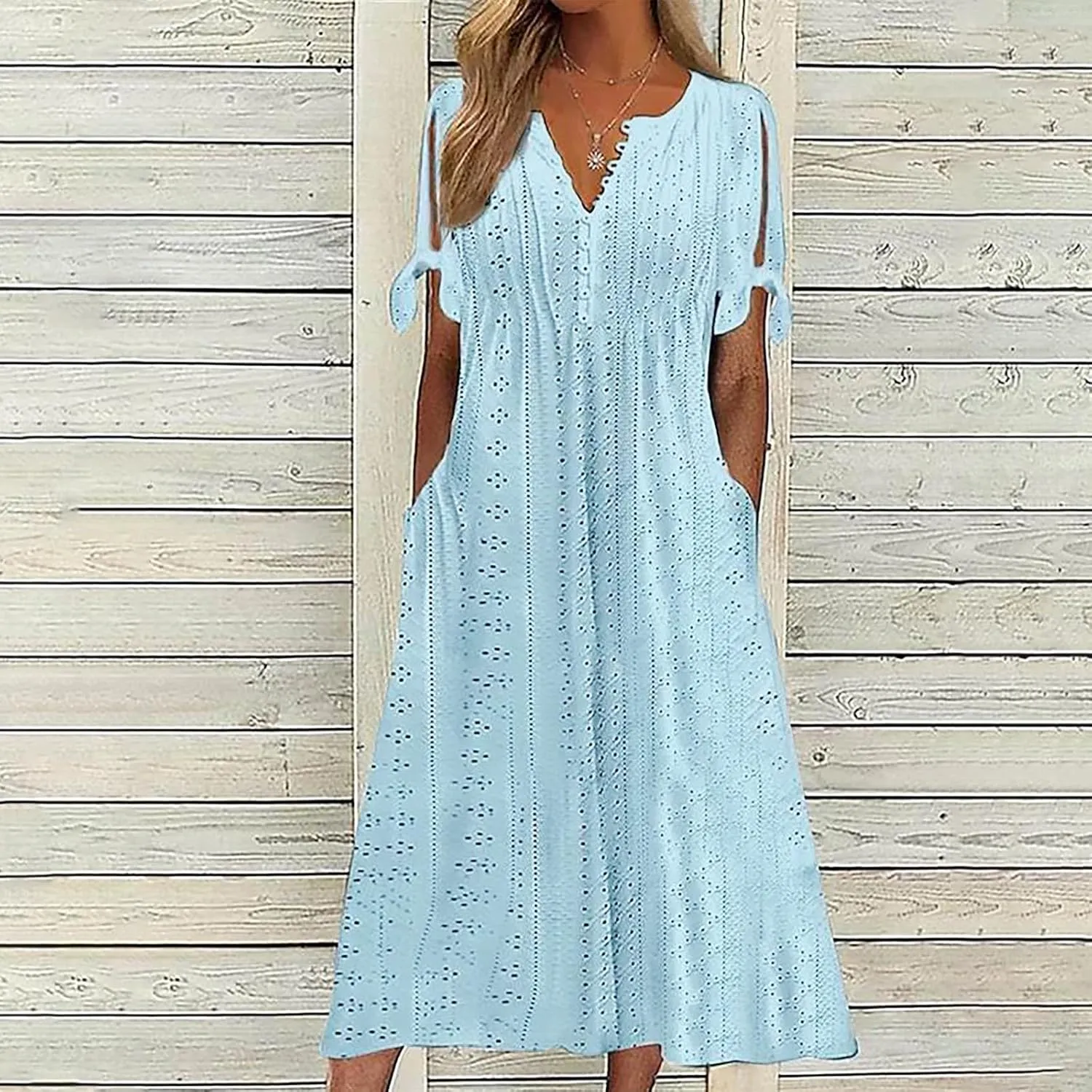 Maxi Dresses for Womens Wedding Guest Dress Trendy Plus Size Hollow Out Eyelet Lace Summer V Neck Cold Shoulder Dress
