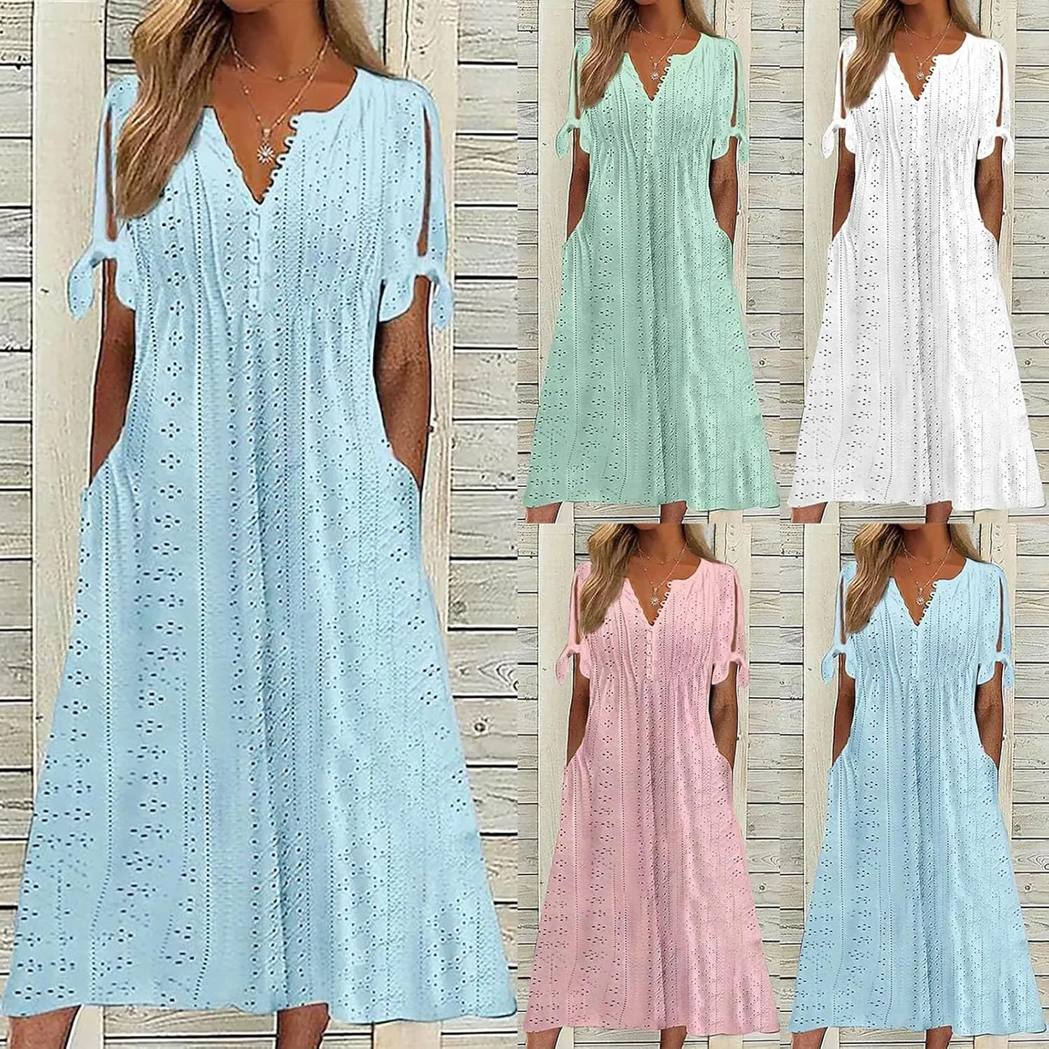 Maxi Dresses for Womens Wedding Guest Dress Trendy Plus Size Hollow Out Eyelet Lace Summer V Neck Cold Shoulder Dress