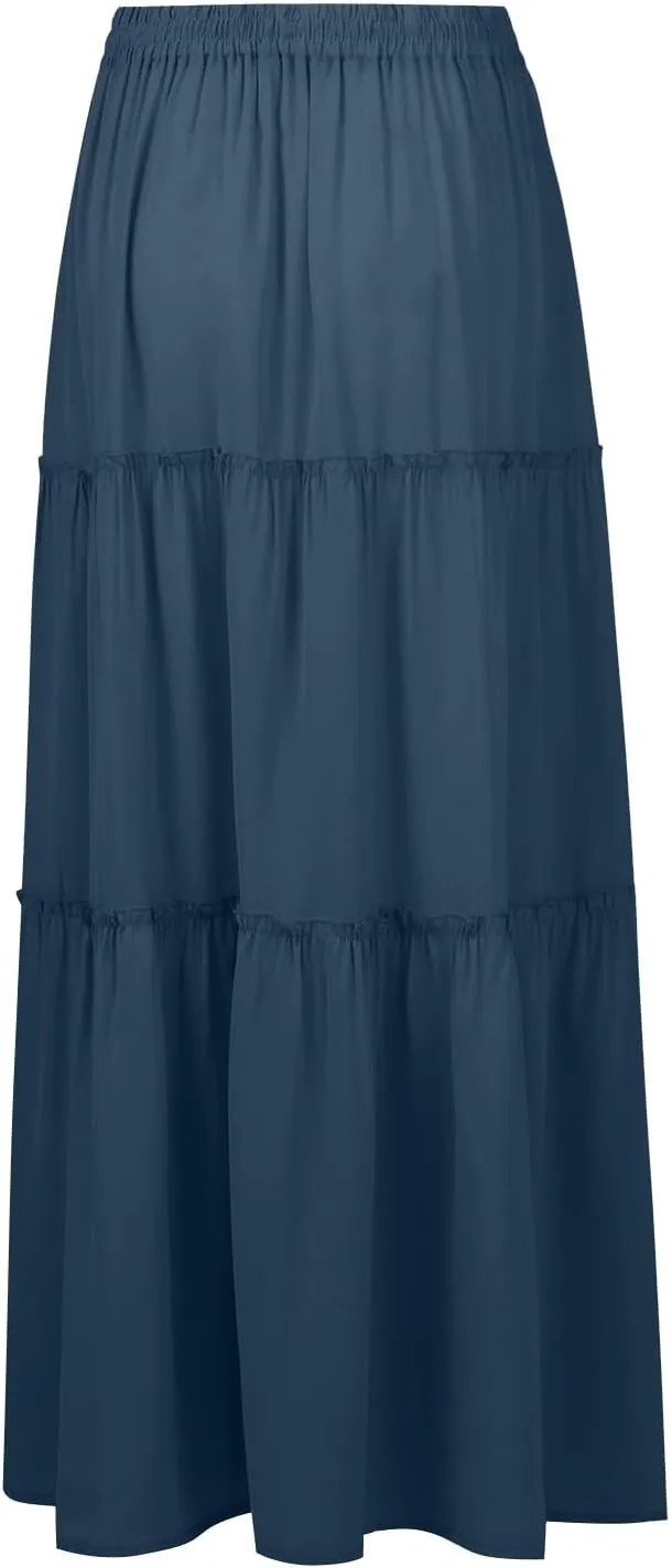 Maxi Skirt for Women 2025 Vacation Summer Tiered High Waisted Skirt Pleated Aline Work Flowy Long Skirts with Pockets