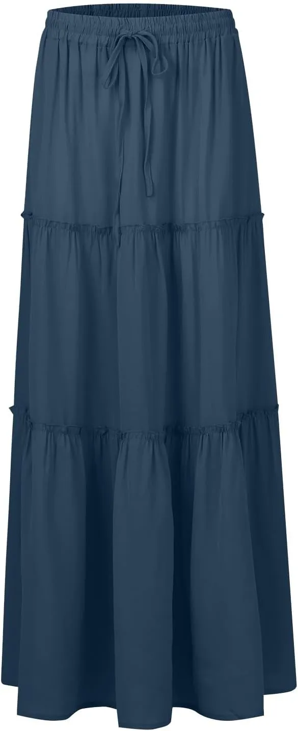 Maxi Skirt for Women 2025 Vacation Summer Tiered High Waisted Skirt Pleated Aline Work Flowy Long Skirts with Pockets