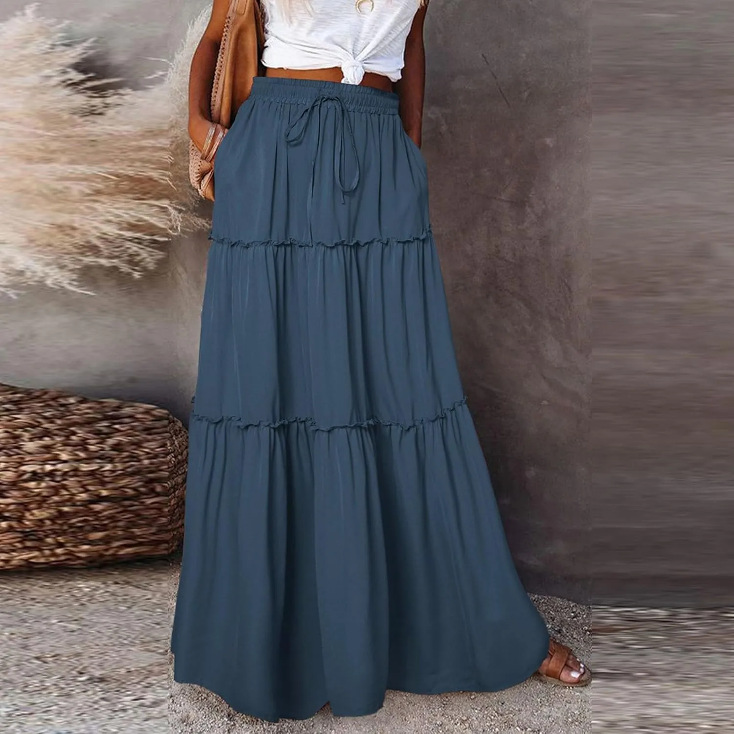 Maxi Skirt for Women 2025 Vacation Summer Tiered High Waisted Skirt Pleated Aline Work Flowy Long Skirts with Pockets