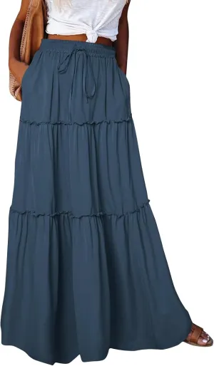 Maxi Skirt for Women 2025 Vacation Summer Tiered High Waisted Skirt Pleated Aline Work Flowy Long Skirts with Pockets