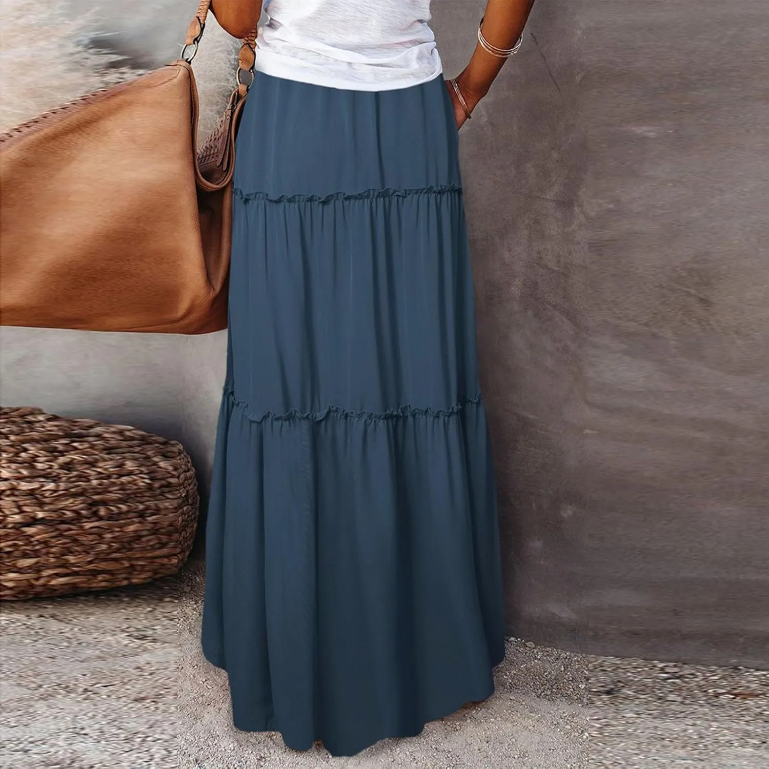 Maxi Skirt for Women 2025 Vacation Summer Tiered High Waisted Skirt Pleated Aline Work Flowy Long Skirts with Pockets