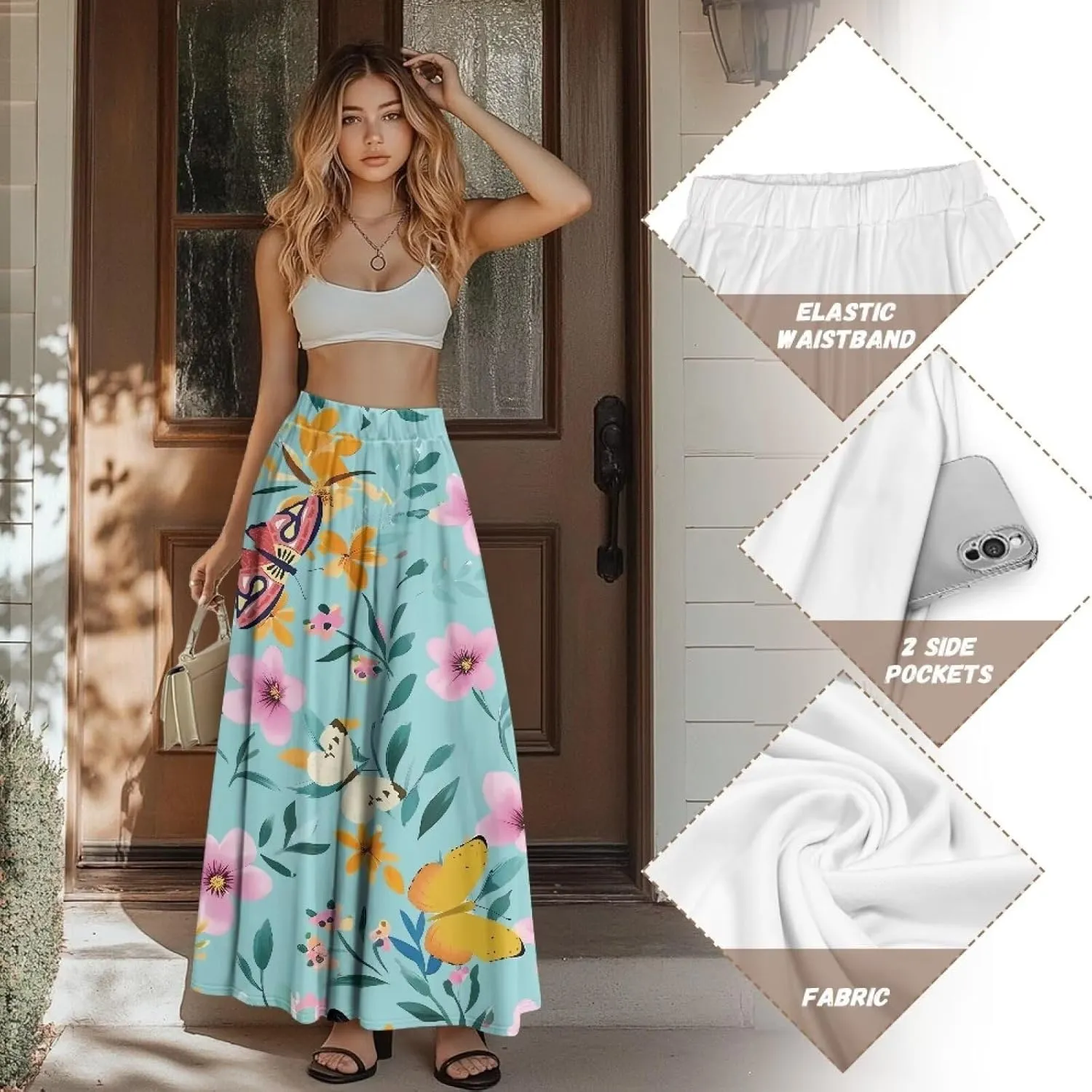 Maxi Skirt for Women Flowy High Waisted Casual Skirt Full Length Comfy Swing Skirts with Pockets Size S-2XL
