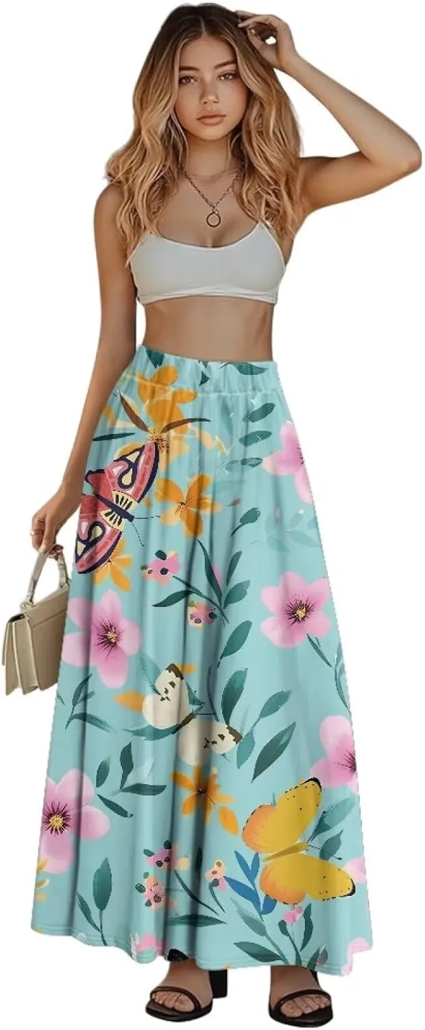 Maxi Skirt for Women Flowy High Waisted Casual Skirt Full Length Comfy Swing Skirts with Pockets Size S-2XL