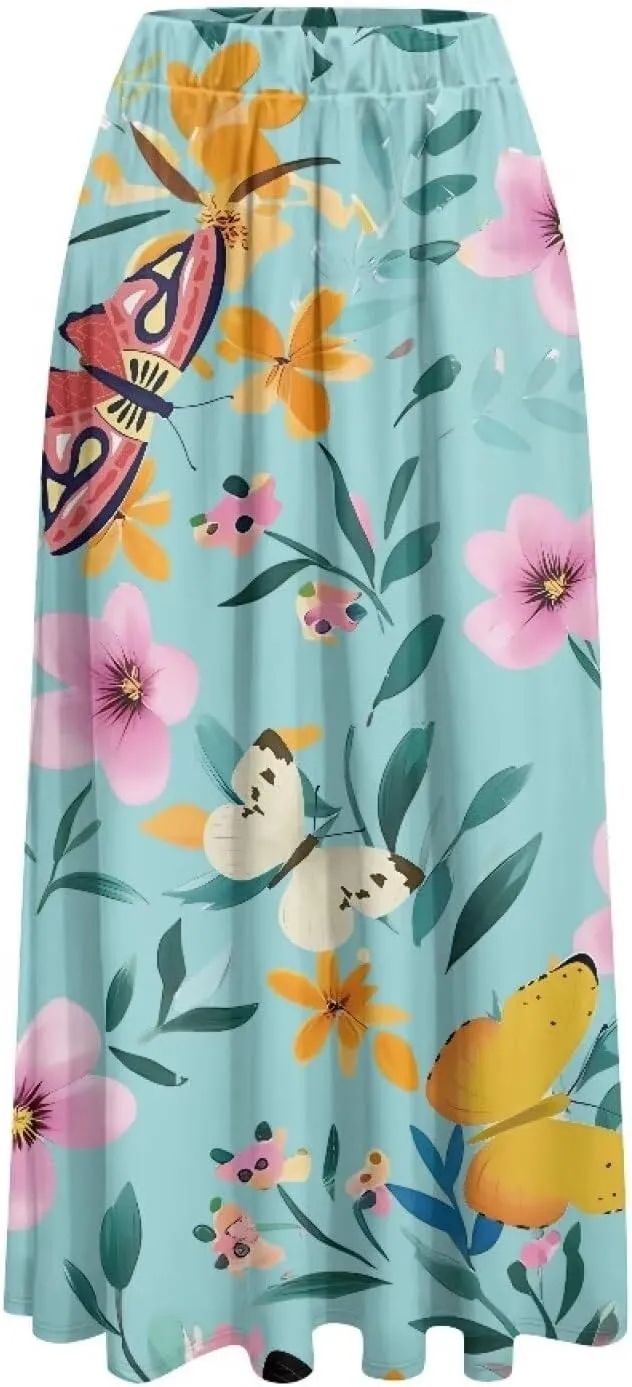 Maxi Skirt for Women Flowy High Waisted Casual Skirt Full Length Comfy Swing Skirts with Pockets Size S-2XL