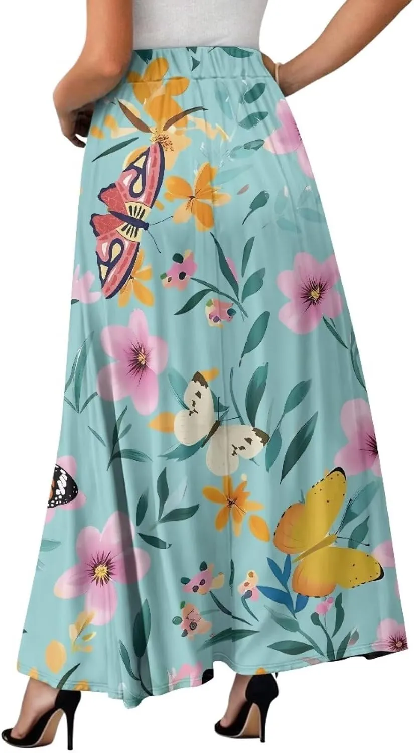 Maxi Skirt for Women Flowy High Waisted Casual Skirt Full Length Comfy Swing Skirts with Pockets Size S-2XL