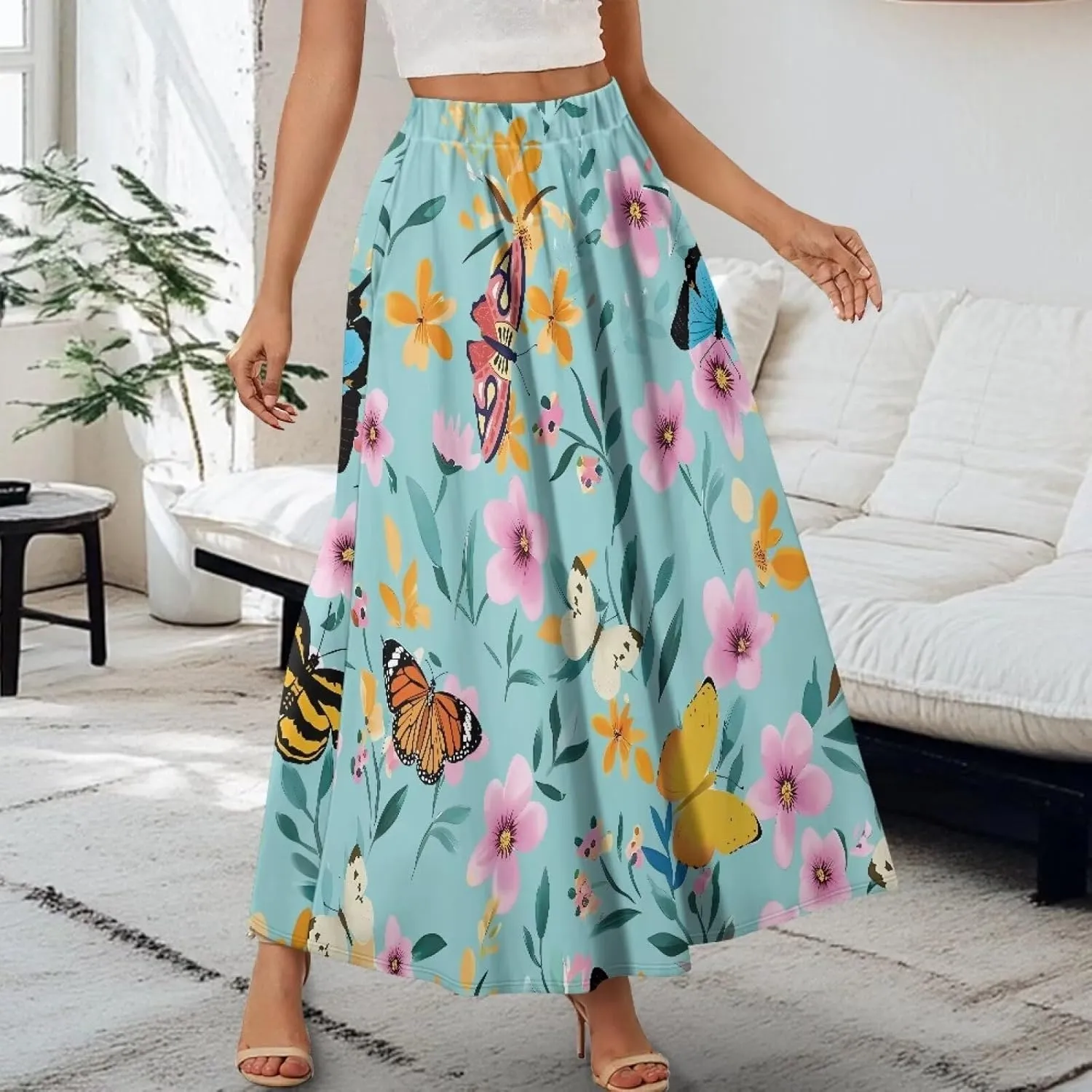 Maxi Skirt for Women Flowy High Waisted Casual Skirt Full Length Comfy Swing Skirts with Pockets Size S-2XL