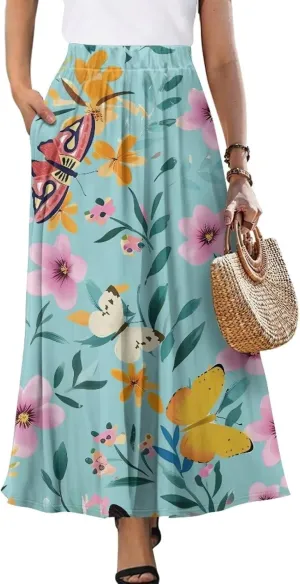 Maxi Skirt for Women Flowy High Waisted Casual Skirt Full Length Comfy Swing Skirts with Pockets Size S-2XL