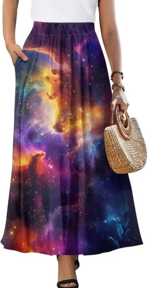 Maxi Skirt for Women Flowy High Waisted Long Skirt with Pockets Swing Skirts for Party Festival Wedding Size S-2XL