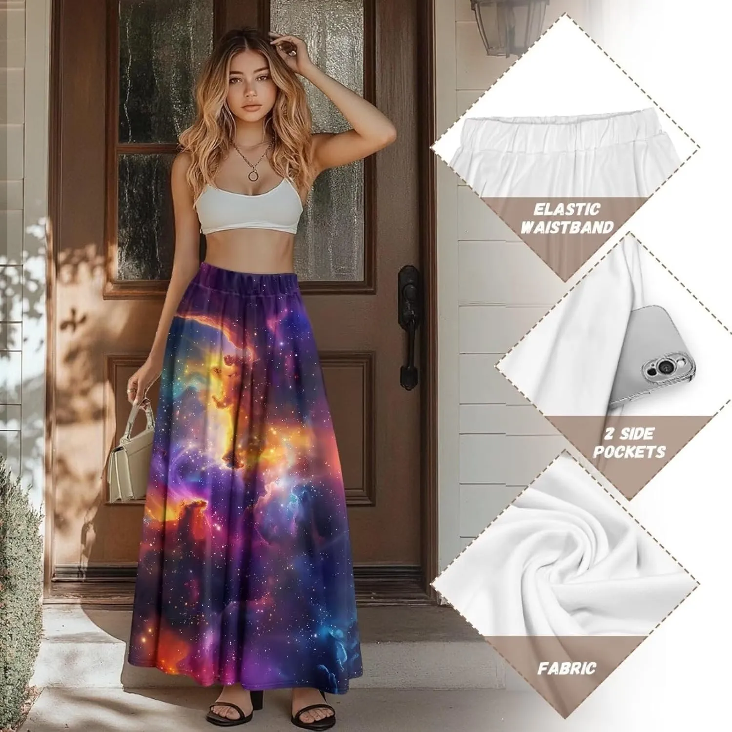 Maxi Skirt for Women Flowy High Waisted Long Skirt with Pockets Swing Skirts for Party Festival Wedding Size S-2XL