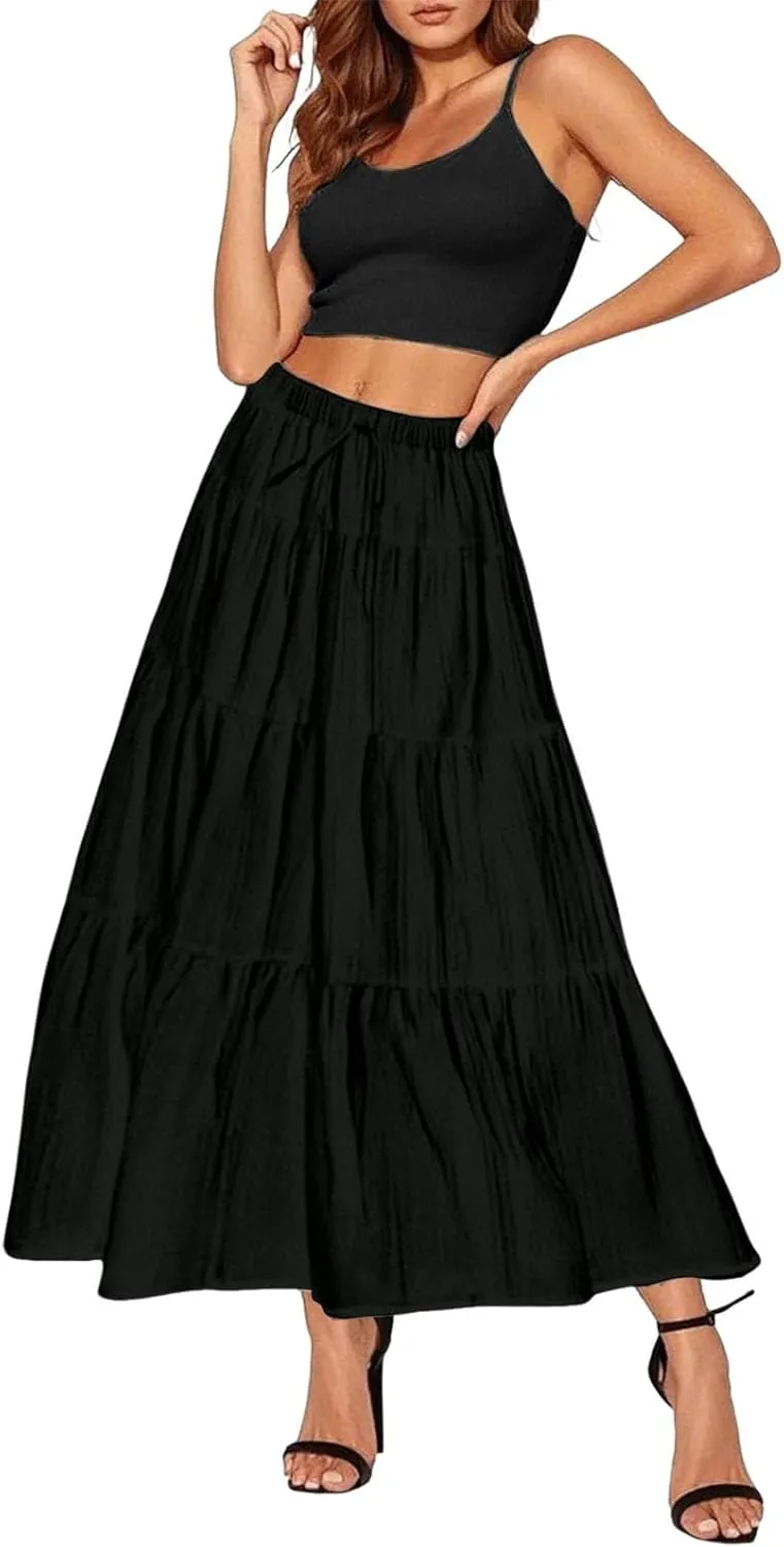 Maxi Skirt for Women Summer Elegant Trendy Drawstring High Waist Flowy Boho Pleated Tiered A Line Beach Long Skirts