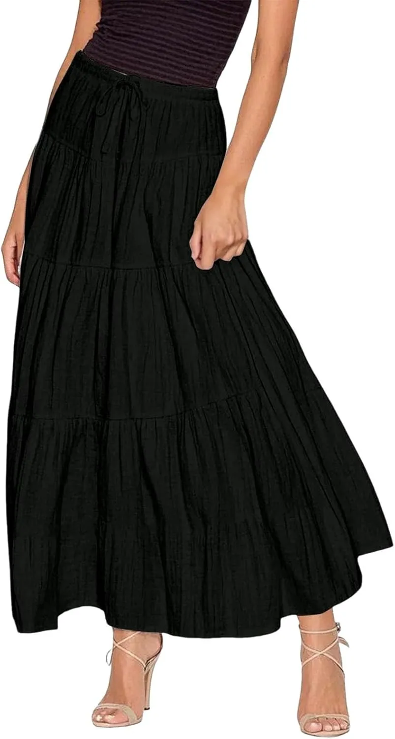 Maxi Skirt for Women Summer Elegant Trendy Drawstring High Waist Flowy Boho Pleated Tiered A Line Beach Long Skirts