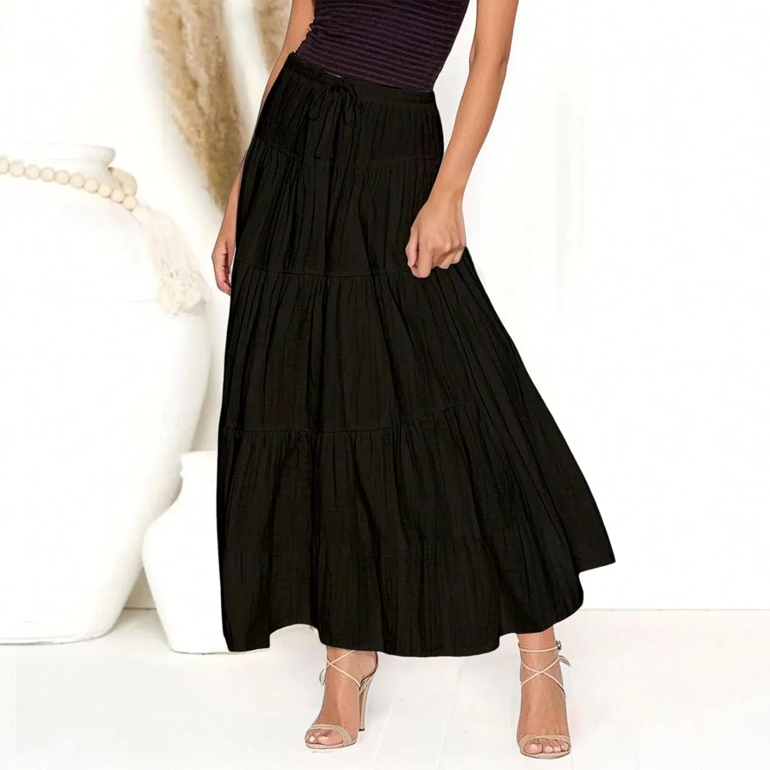 Maxi Skirt for Women Summer Elegant Trendy Drawstring High Waist Flowy Boho Pleated Tiered A Line Beach Long Skirts