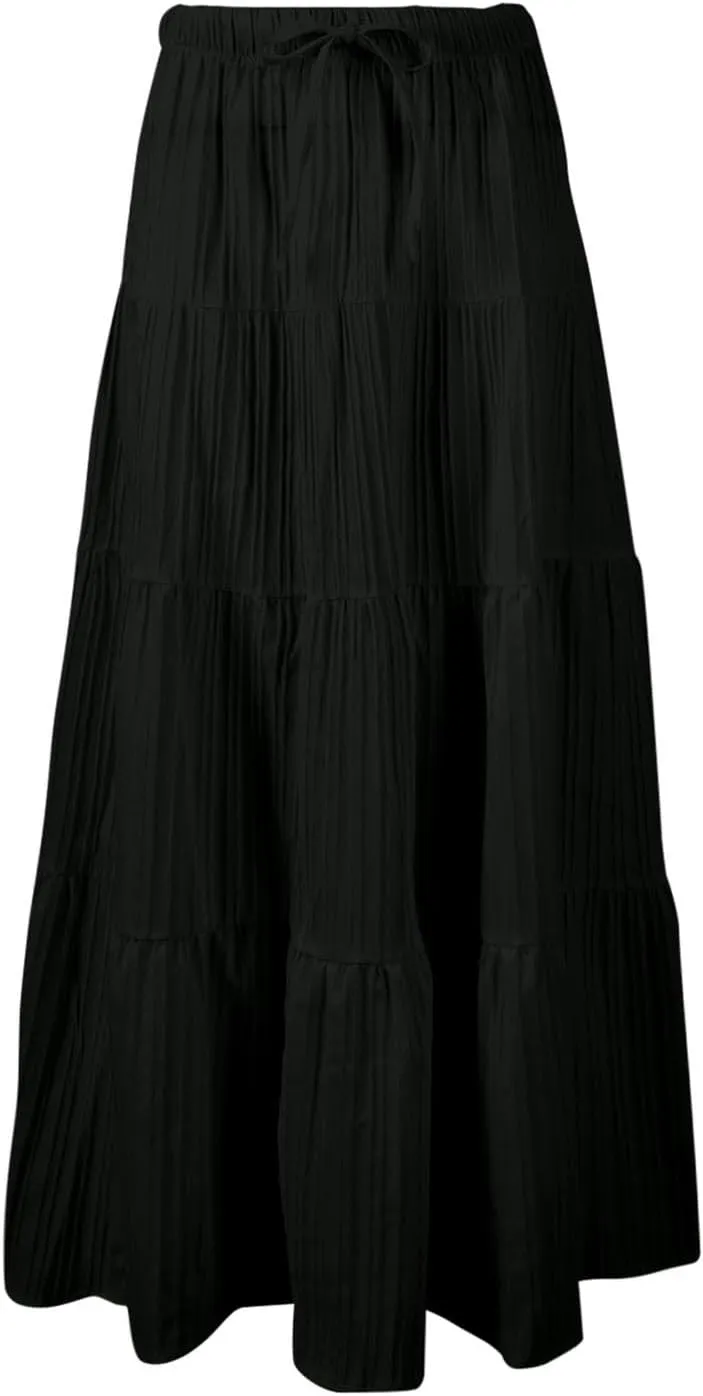 Maxi Skirt for Women Summer Elegant Trendy Drawstring High Waist Flowy Boho Pleated Tiered A Line Beach Long Skirts