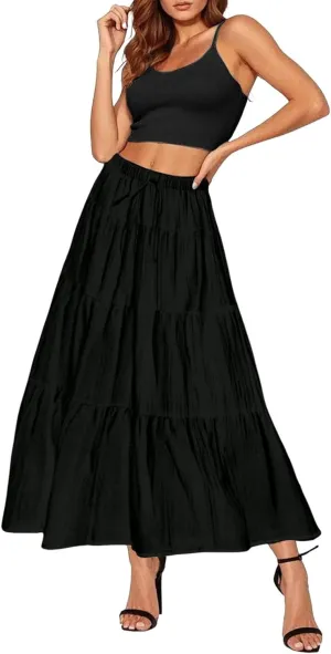 Maxi Skirt for Women Summer Elegant Trendy Drawstring High Waist Flowy Boho Pleated Tiered A Line Beach Long Skirts