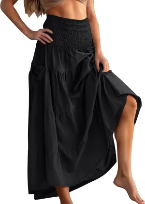 Maxi Skirts for Women Elastic High Waist Tiered A-Line Pleated Long Skirt Summer Flowy Swing Boho Solid Beach Clothes