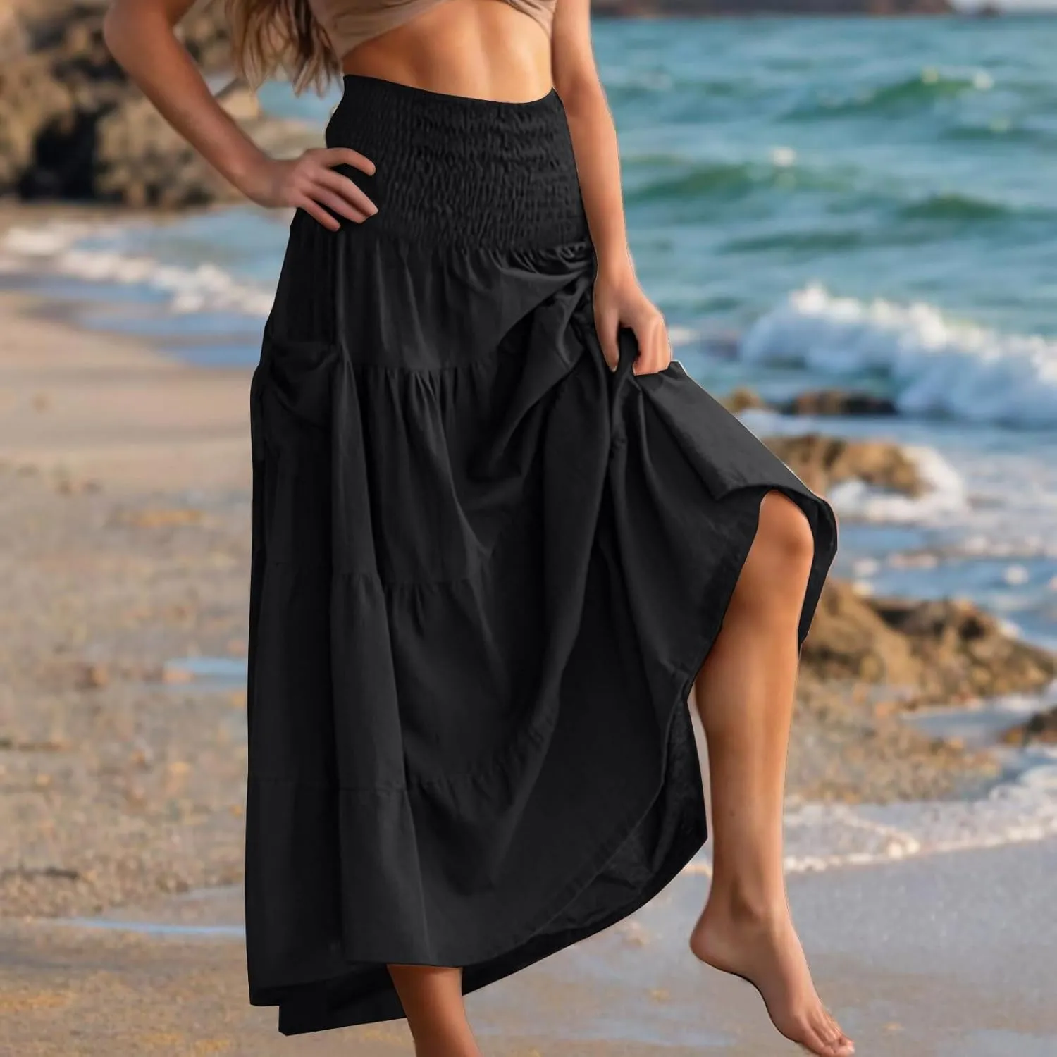Maxi Skirts for Women Elastic High Waist Tiered A-Line Pleated Long Skirt Summer Flowy Swing Boho Solid Beach Clothes