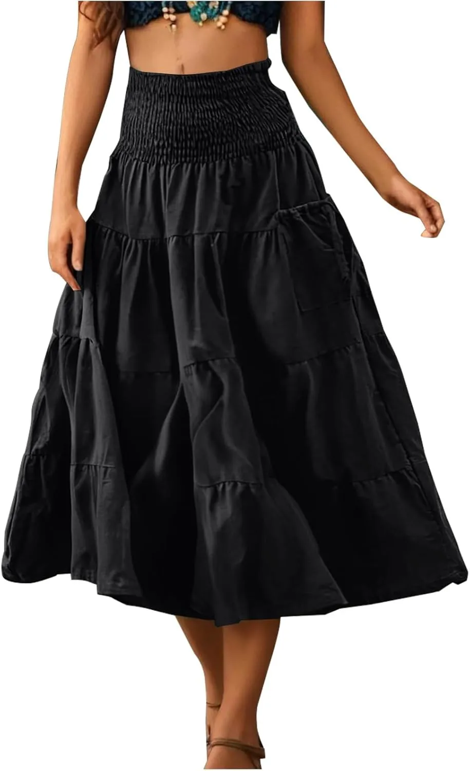 Maxi Skirts for Women Elastic High Waist Tiered A-Line Pleated Long Skirt Summer Flowy Swing Boho Solid Beach Clothes
