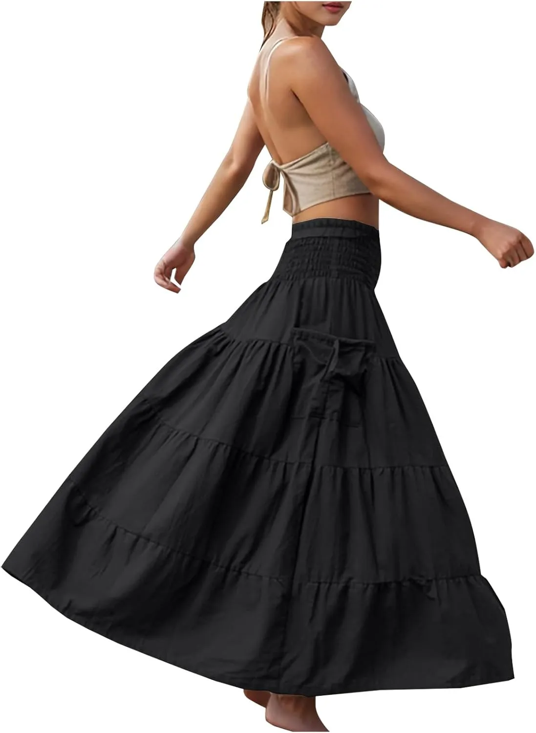 Maxi Skirts for Women Elastic High Waist Tiered A-Line Pleated Long Skirt Summer Flowy Swing Boho Solid Beach Clothes