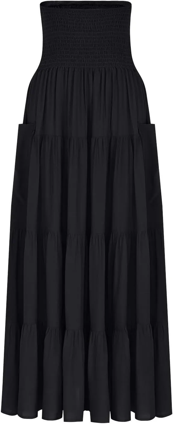 Maxi Skirts for Women Elastic High Waist Tiered A-Line Pleated Long Skirt Summer Flowy Swing Boho Solid Beach Clothes