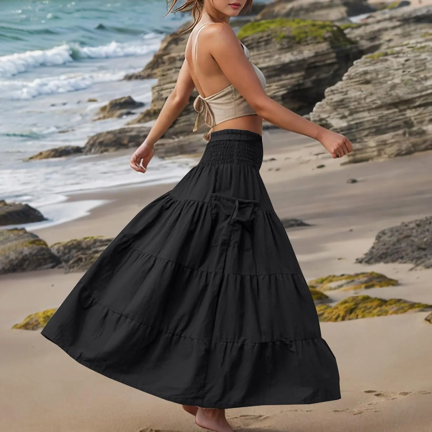 Maxi Skirts for Women Elastic High Waist Tiered A-Line Pleated Long Skirt Summer Flowy Swing Boho Solid Beach Clothes