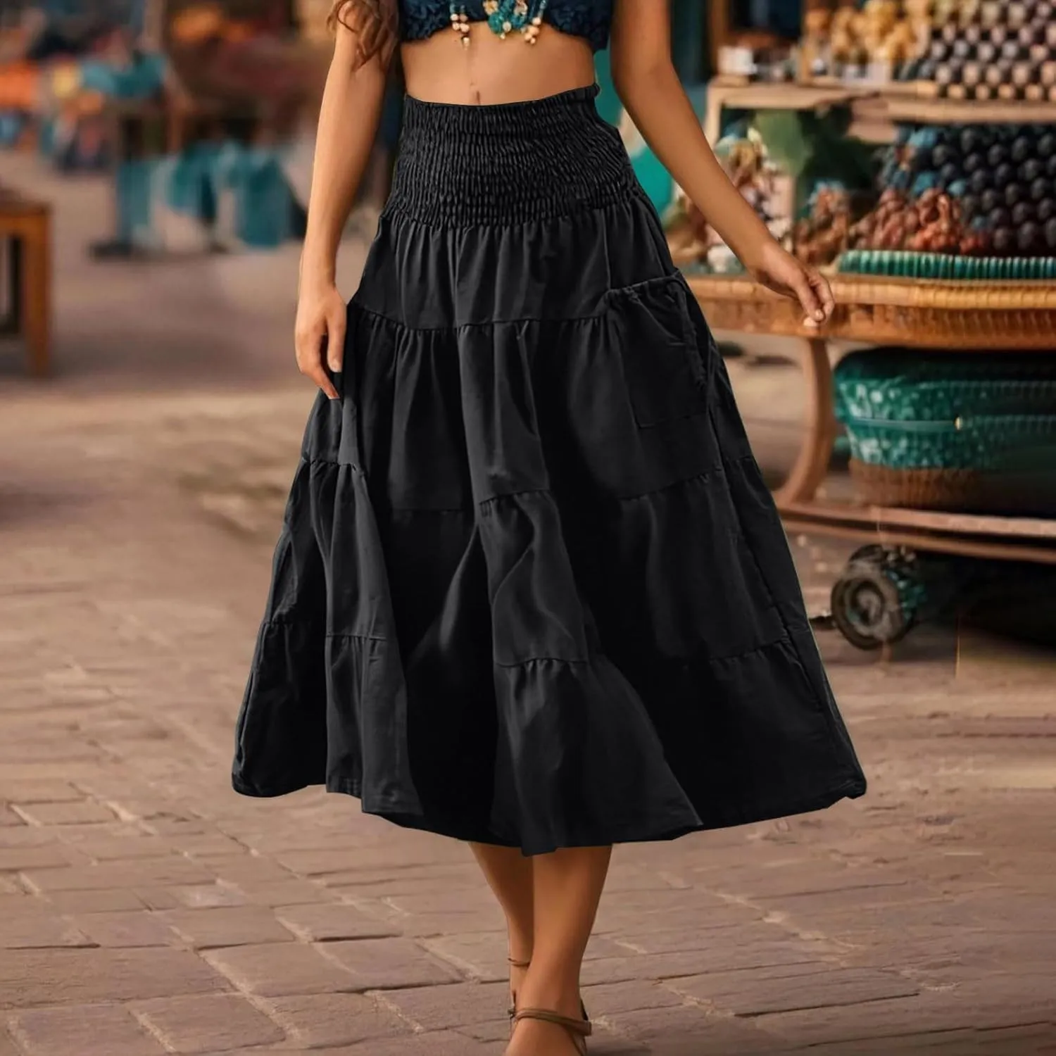 Maxi Skirts for Women Elastic High Waist Tiered A-Line Pleated Long Skirt Summer Flowy Swing Boho Solid Beach Clothes