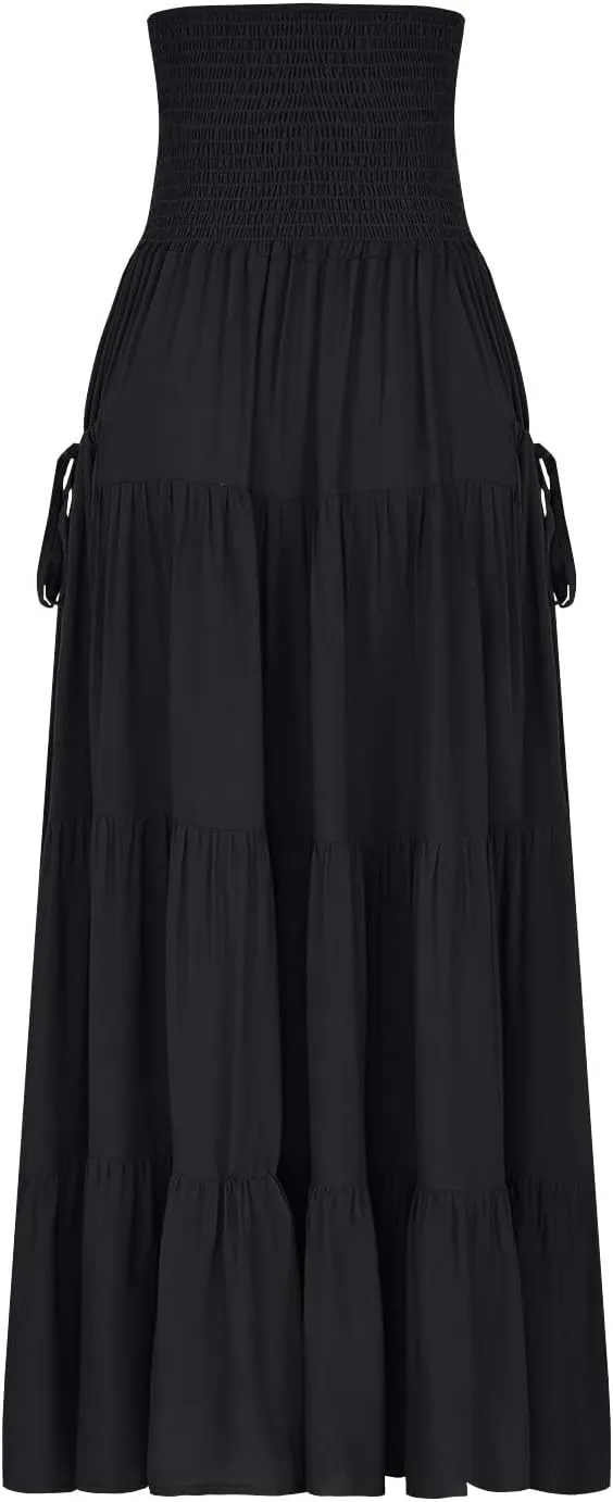 Maxi Skirts for Women Elastic High Waist Tiered A-Line Pleated Long Skirt Summer Flowy Swing Boho Solid Beach Clothes