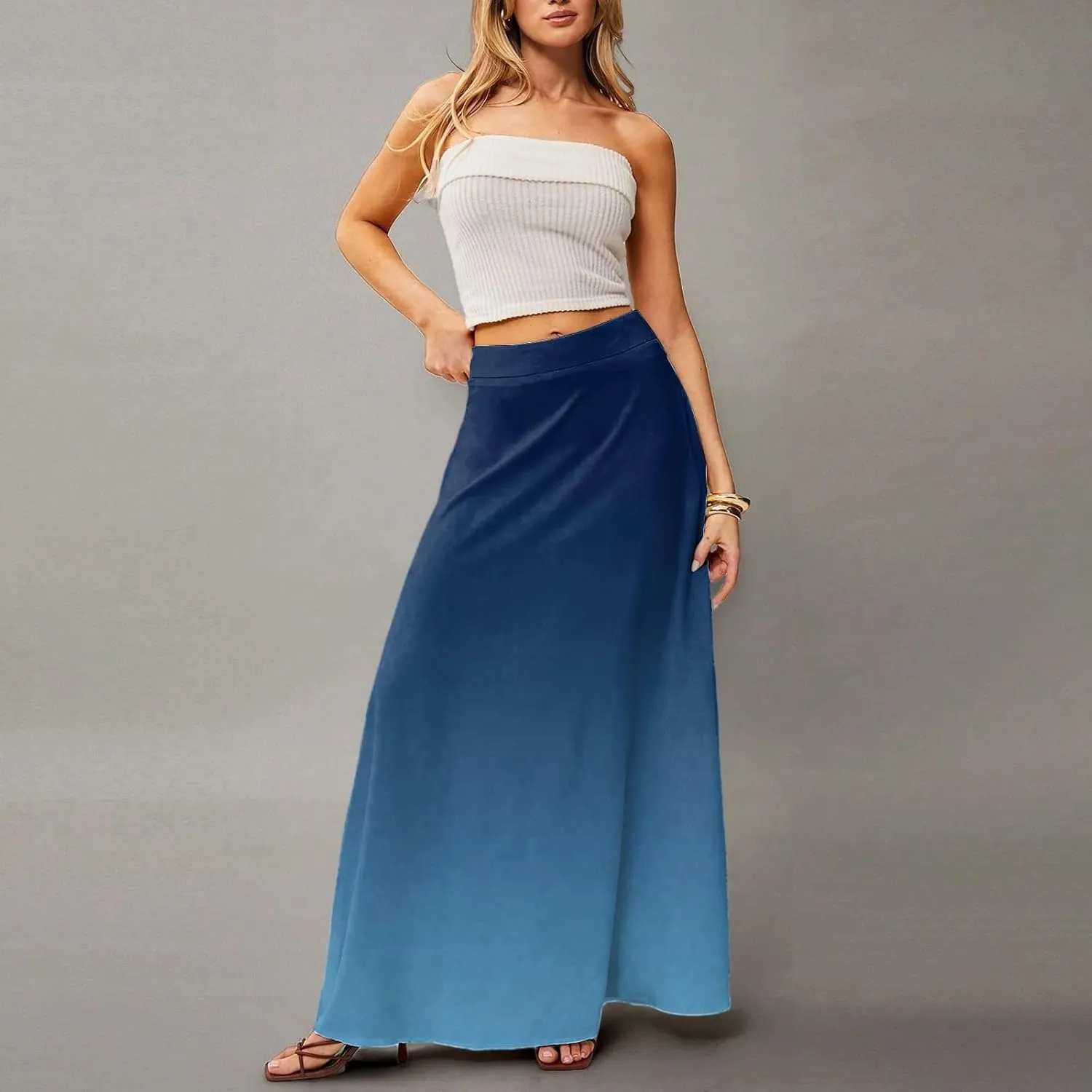 Maxi Skirts for Women Summer Floral Boho Elastic High Waist Tropical Skirts Pleated A-Line Flowy Swing Long Skirt