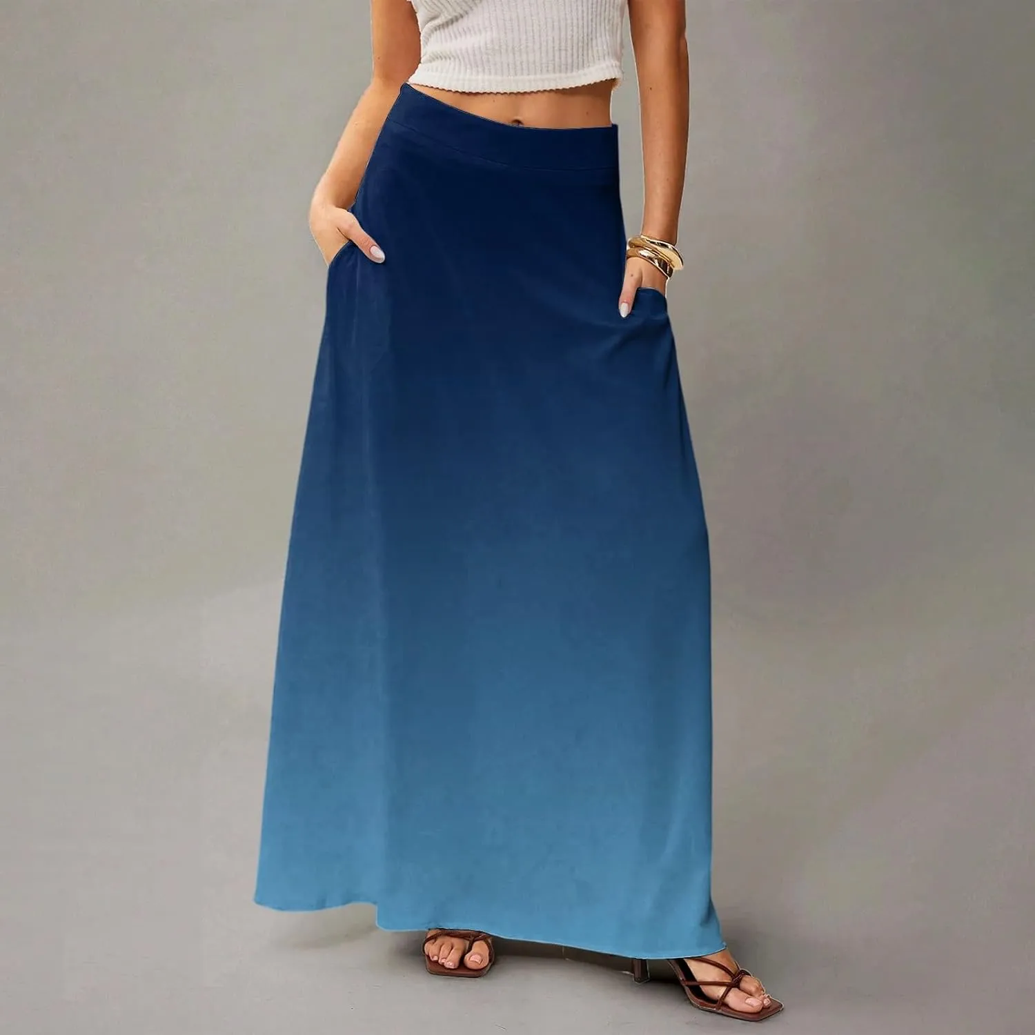 Maxi Skirts for Women Summer Floral Boho Elastic High Waist Tropical Skirts Pleated A-Line Flowy Swing Long Skirt