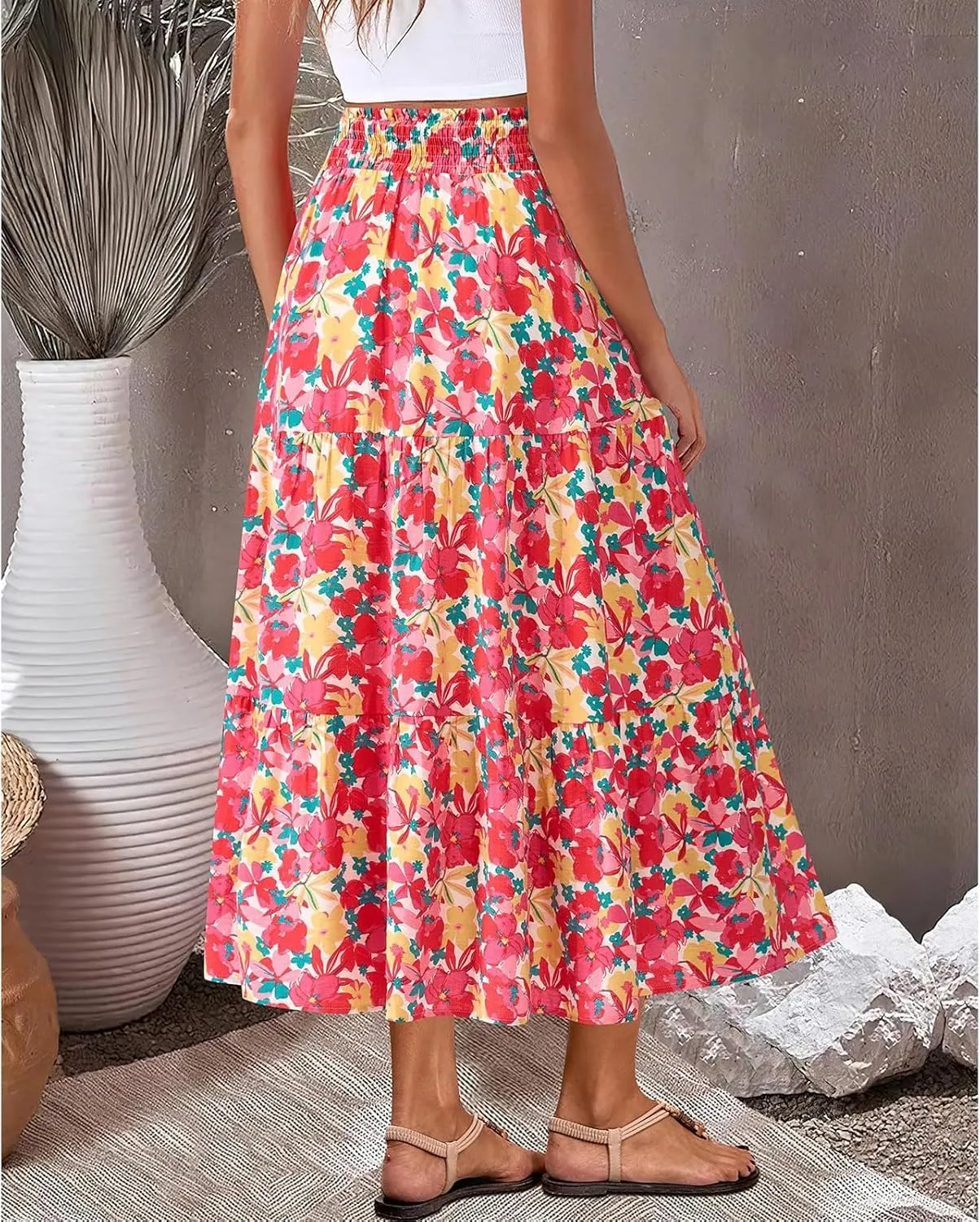 Maxi Skirts for Women Trendy High Waisted Tiered Boho Long Floral Skirt Cute Ruffle Pleated Beach A Line Flowy Skirt