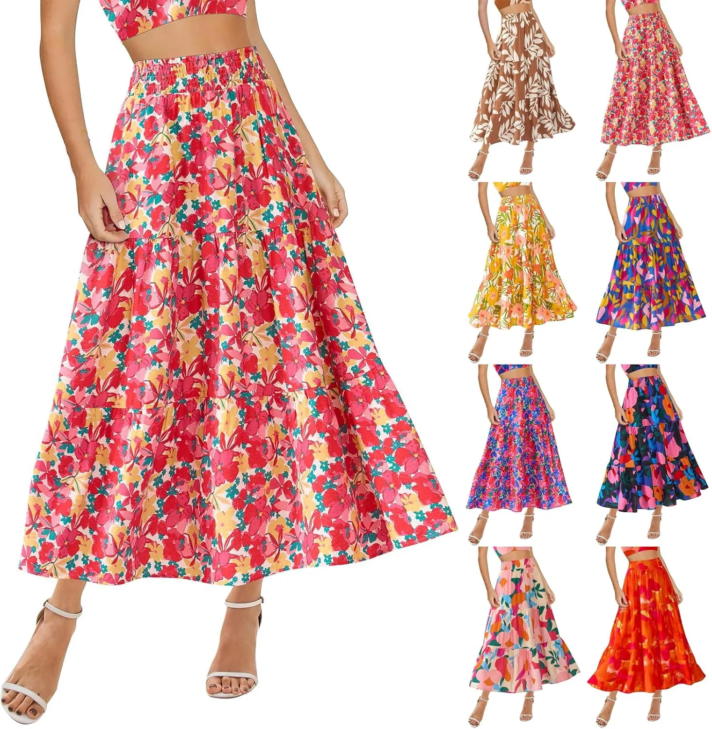 Maxi Skirts for Women Trendy High Waisted Tiered Boho Long Floral Skirt Cute Ruffle Pleated Beach A Line Flowy Skirt