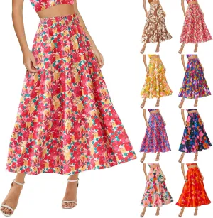 Maxi Skirts for Women Trendy High Waisted Tiered Boho Long Floral Skirt Cute Ruffle Pleated Beach A Line Flowy Skirt