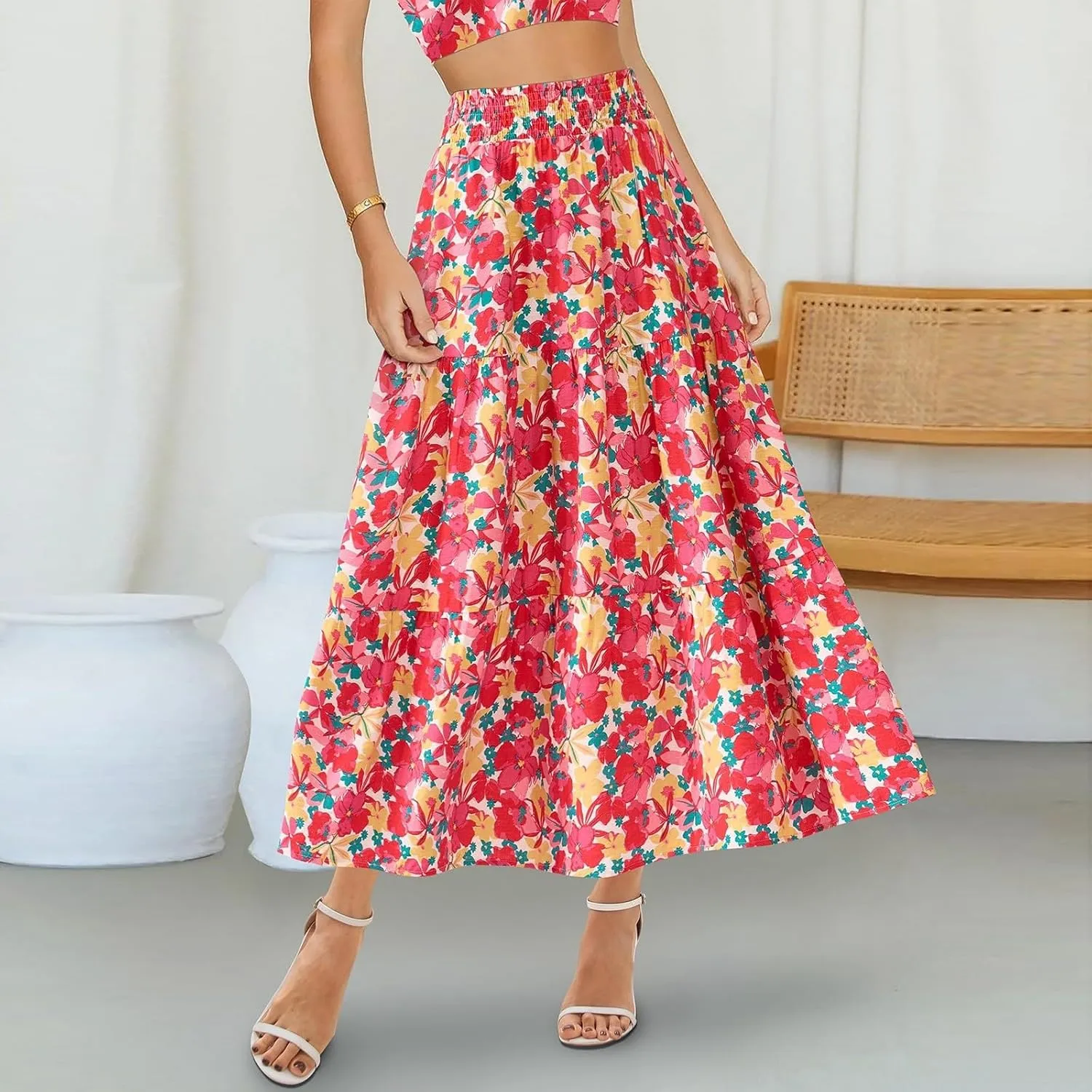 Maxi Skirts for Women Trendy High Waisted Tiered Boho Long Floral Skirt Cute Ruffle Pleated Beach A Line Flowy Skirt