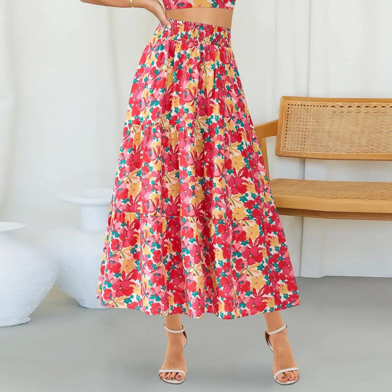 Maxi Skirts for Women Trendy High Waisted Tiered Boho Long Floral Skirt Cute Ruffle Pleated Beach A Line Flowy Skirt