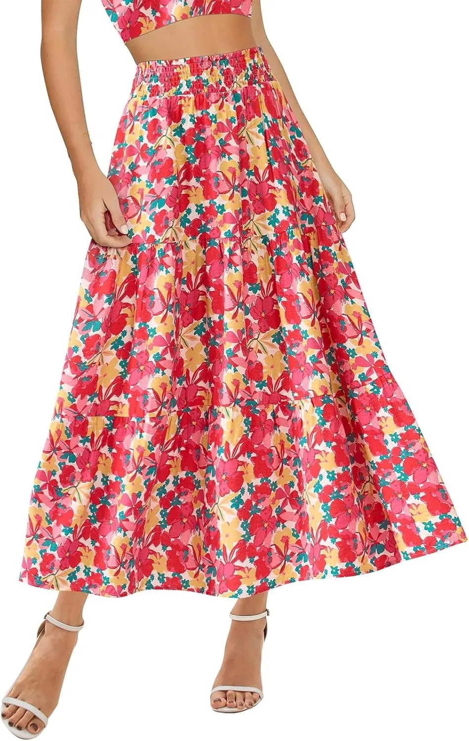 Maxi Skirts for Women Trendy High Waisted Tiered Boho Long Floral Skirt Cute Ruffle Pleated Beach A Line Flowy Skirt