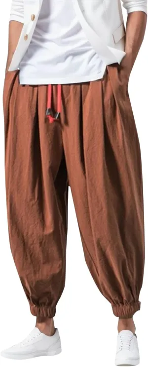 Men Casual Baggy Joggers Sweatpants, Elastic Drawstring Tapered Hippie Harem Pants, Solid Color Loose Fit Pants