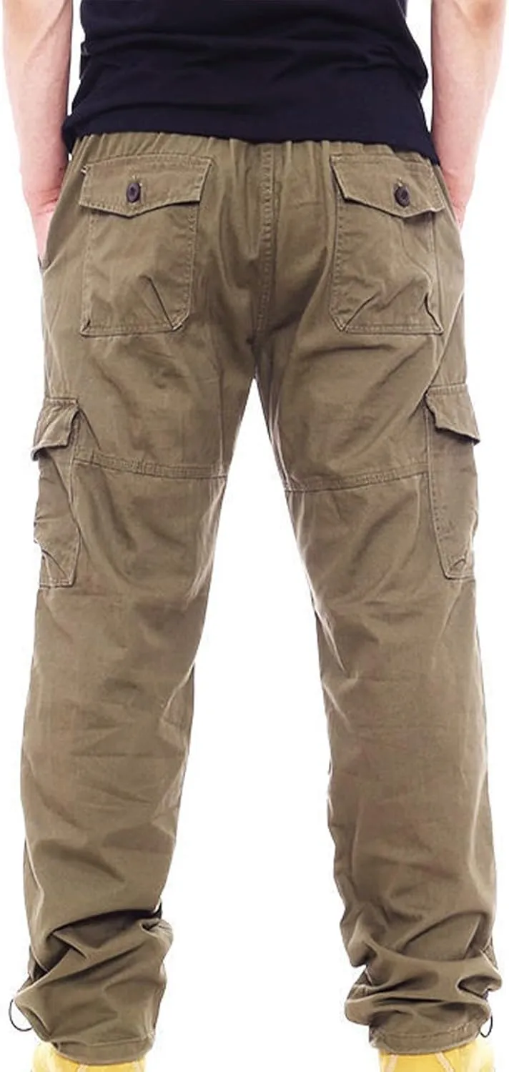 Men Casual Pant Straight Leg Elastic Waist Pants Cotton Work Pants Baggy Large Size Cargo Pants for Men with Pockets