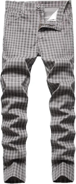 Men Linen Pants Fashion Casual Plaid Printed Straight Legs Slim Fit Buckle Zipper Suit Pants Classic Work Trouser